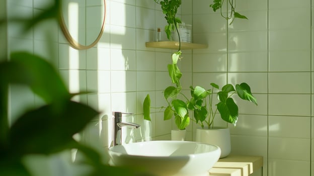 A bathroom with a sink and potted plants photo