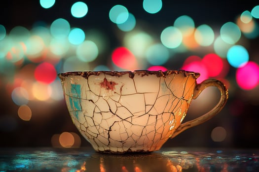 A cracked cup sitting on a table with lights in the background photo