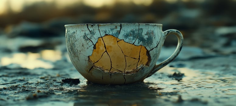 A cracked cup sitting in the mud photo