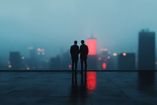Men in suits overlooking a city at dusk photo