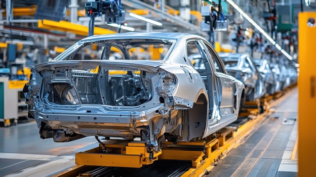 Assembly line featuring unpainted car frames in a manufacturing facility photo