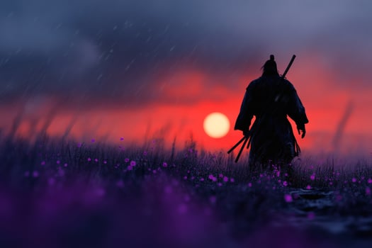 Warrior walks towards the sunset horizon photo
