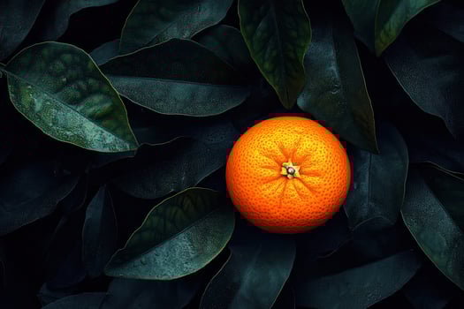 Bright Orange Fruit Surrounded by Dark Green Leaves with Dew Drops photo