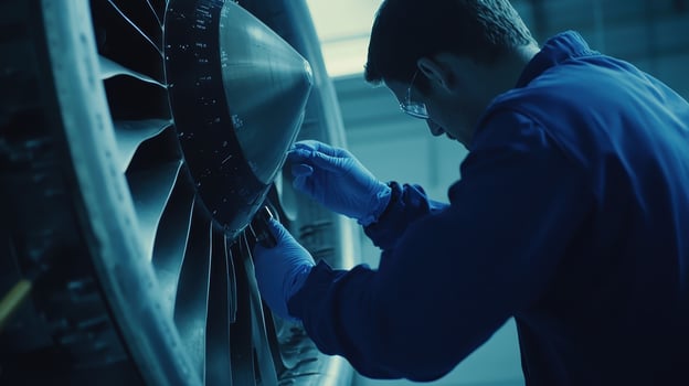 Technician inspecting an aircraft engine component for maintenance and safety photo