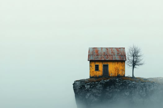 Lonely yellow house stands on rocky cliff edge photo