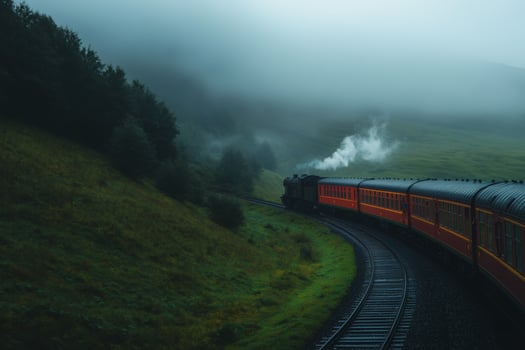 Vintage train winds through misty hills photo