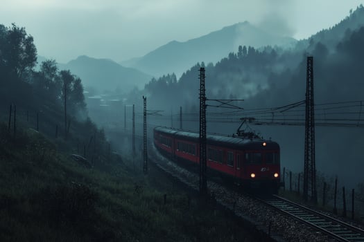 Tranquil train journey through misty mountains photo