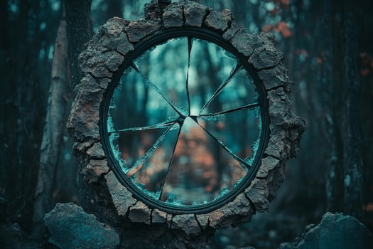 A circular mirror in the woods photo