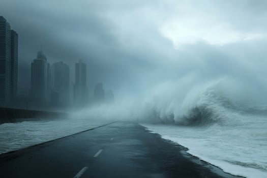 Intense waves crash against the city shoreline photo