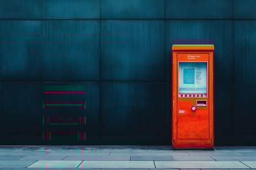 A vibrant red kiosk contrasts starkly with a sleek dark wall photo