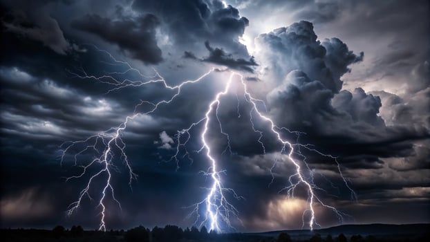 lightning strikes over a dark sky with clouds photo