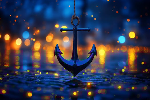 An anchor hanging from a rope in the rain photo