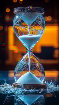 An hourglass with broken glass on a table photo