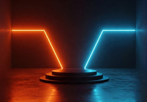 A neon sign in a room with two lights orange and blue photo