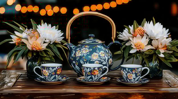 Elegant floral teapot and teacups set on wooden table with flowers Perfect for afternoon tea or special events photo
