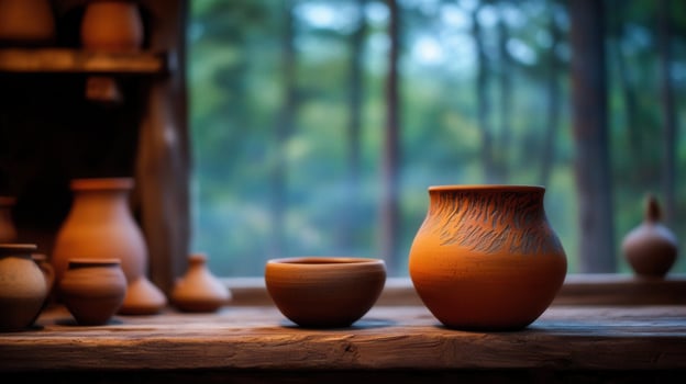 Rustic Clay Pottery Collection on Wooden Surface near Window Handcrafted Earthenware Bowls and Jugs photo