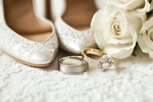 Elegant Wedding Shoes and Rings with White Roses Bridal Preparation photo