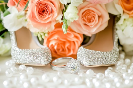 Elegant Bridal Shoes with Rings and Flowers for Wedding Celebration photo