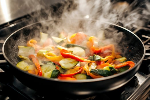 Cooking Vegetables in Pan with Steam Healthy Meal Preparation photo