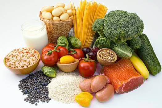 Fresh Food Arrangement Featuring Meat, Vegetables, Grains and Dairy Products photo