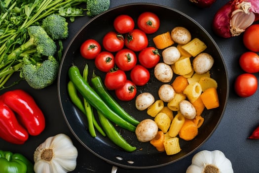 Assorted Fresh Vegetables Arranged in Frying Pan Ready for Cooking photo