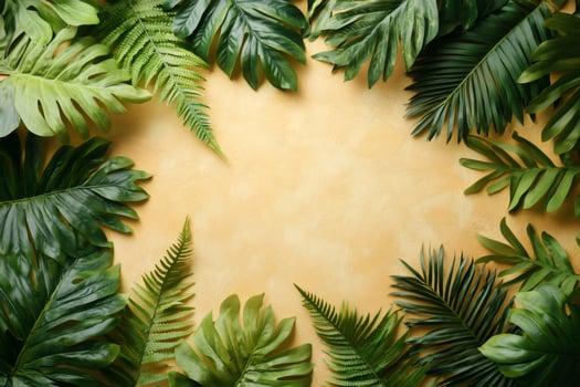 Tropical leaves creating a frame on yellow background photo