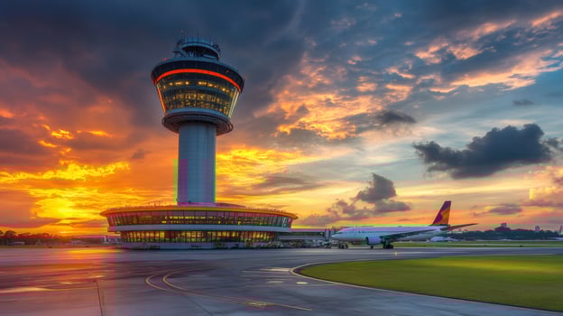 Airplane leaving airport at golden hour under dramatic sky photo