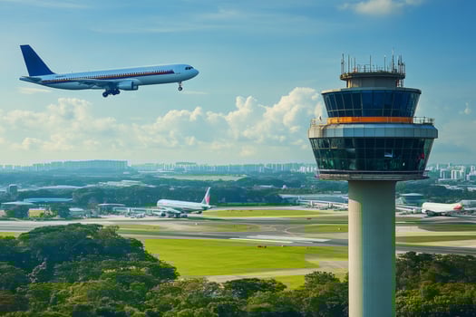 Airplane landing near control tower at airport on sunny day photo