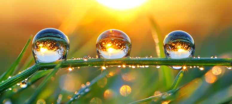 Three water droplets on a grass blade with the sun in the background photo