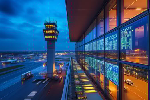 Airport control tower managing air traffic at dusk with data displayed on office windows photo