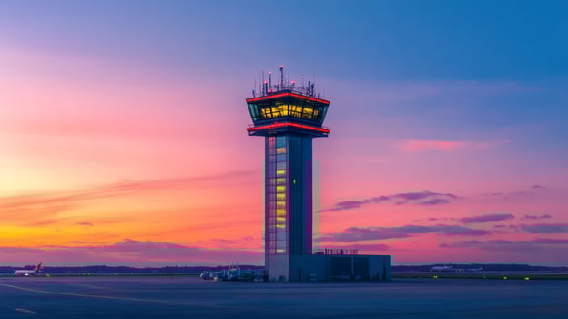 Airport control tower managing air traffic during a vibrant sunset photo