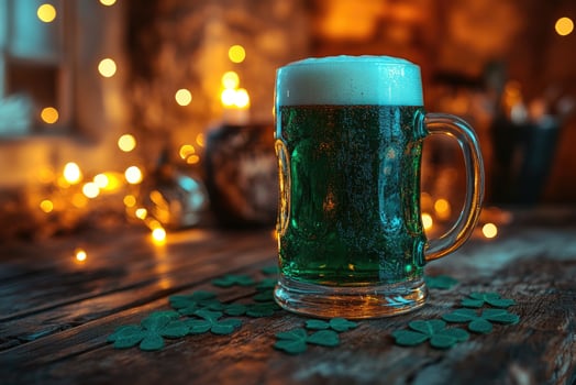 Green beer celebrating saint patrick's day with shamrocks and festive lights photo