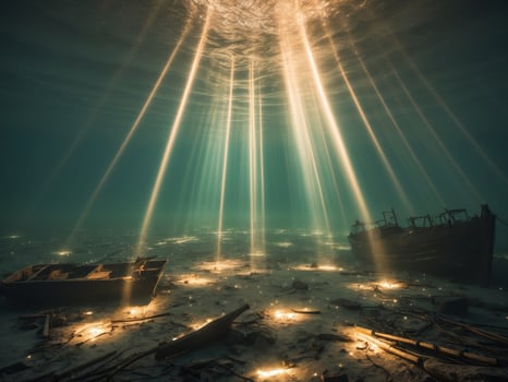 Light beams penetrate a dark underwater setting on the sea floor. photo