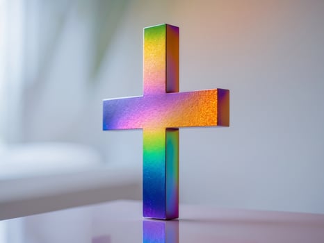 A rainbow colored cross sitting on a table photo