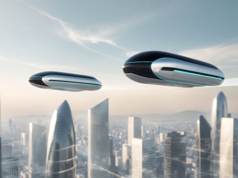 Two futuristic flying cars in the air over a city photo