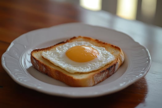 Toast with Fried Egg on White Plate Breakfast Ready to Eat photo