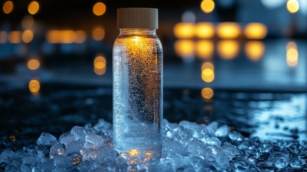 A glass water bottle sits among ice cubes, illuminated by a warm light. The soft glow enhances the tranquil ambiance in a darkened environment, perfect for relaxation or social gathering. photo