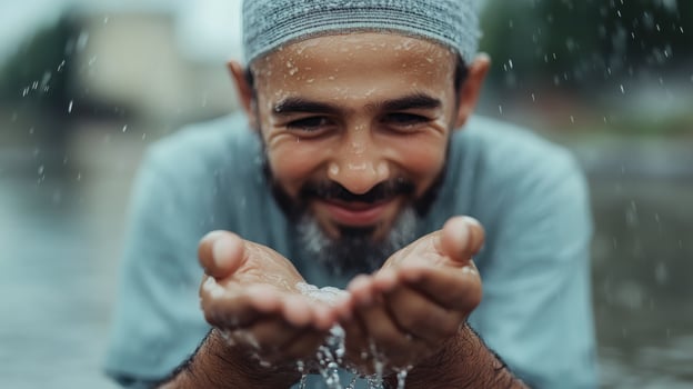 Man joyfully catches water droplets by river photo