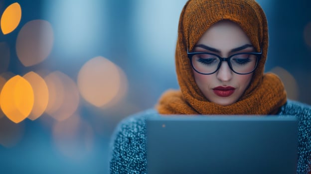 Woman with laptop in warm city lights photo