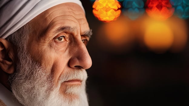 Elderly man reflecting amidst vibrant lights photo