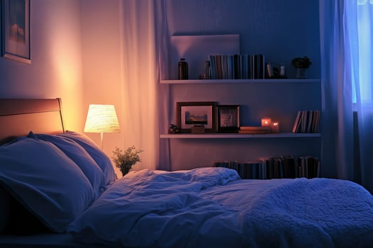 Comfortable Bedroom Setting at Night with Bedside Lamp and Bookshelf photo