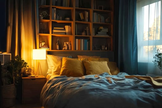 Inviting Bedroom with Cozy Bed, Lamp Lighting and Bookshelf Interior photo
