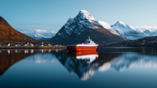 Red ship reflects in serene fjord waters photo