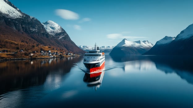 Ferry gliding through serene Norwegian fjords photo
