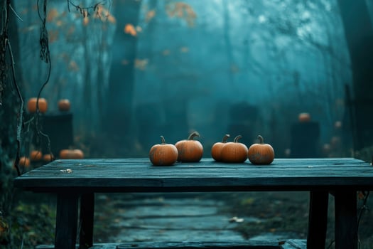 Halloween pumpkins on a table in a foggy forest photo