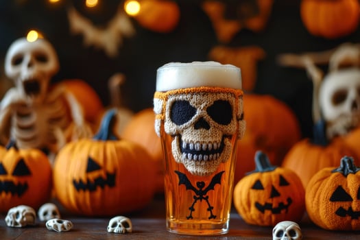 Festive Halloween Beer with Skull Cozy Surrounded by Pumpkins photo