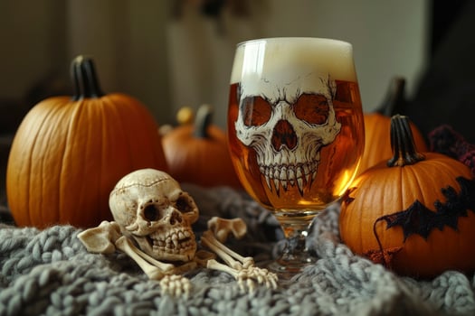 Halloween Beer with Skull Graphic and Pumpkins on Cozy Blanket photo
