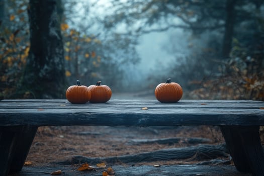 Pumpkins on Wooden Table in Forest with Foggy Autumn Scenery photo