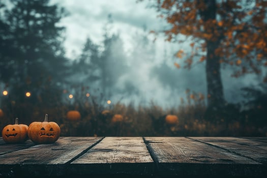 Jack O Lanterns on Rustic Wood Table in Foggy Halloween Landscape photo