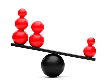 Red spheres balancing on a seesaw isolated on white background. balance, power, and importance concept photo